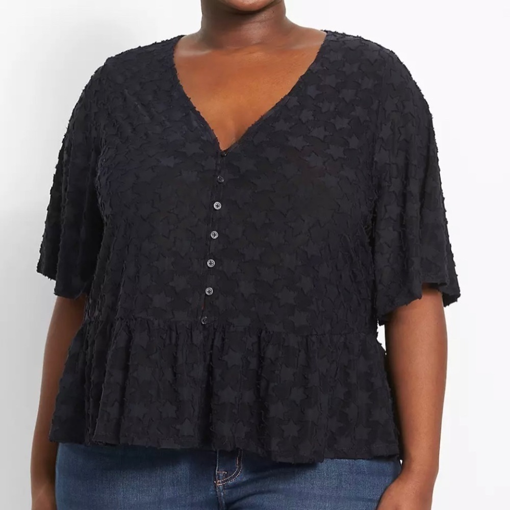 Lane Bryant Navy Blue Classic Flutter Sleeve V-Neck Peplum Shirt Blouse Stars